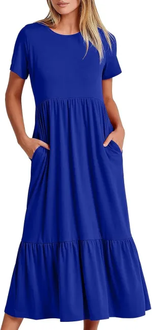 Women Short Sleeve Midi Dresses Summer Casual Dress Ruffle Swing Flowy Sundress Mid Calf T Shirt with Pocket