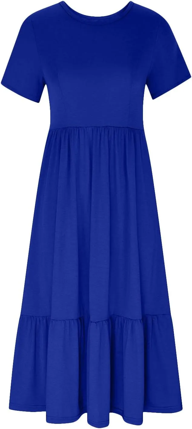 Women Short Sleeve Midi Dresses Summer Casual Dress Ruffle Swing Flowy Sundress Mid Calf T Shirt with Pocket