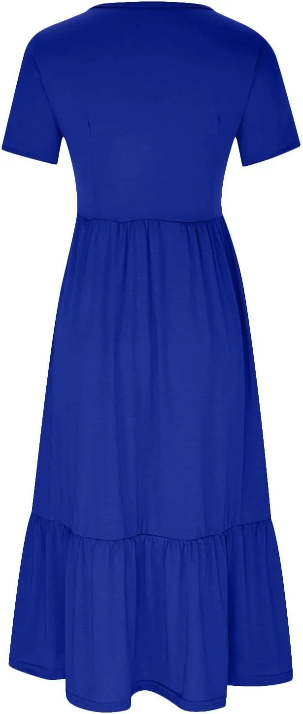 Women Short Sleeve Midi Dresses Summer Casual Dress Ruffle Swing Flowy Sundress Mid Calf T Shirt with Pocket