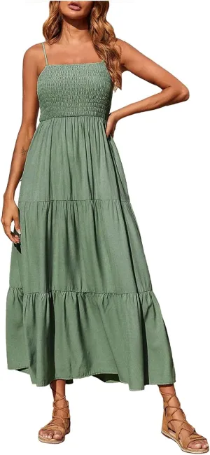 Women Summer Spaghetti Strap Maxi Dress Smocked Ruffle Swing Sundress Flowy Boho Beach Dresses Vacation Midi