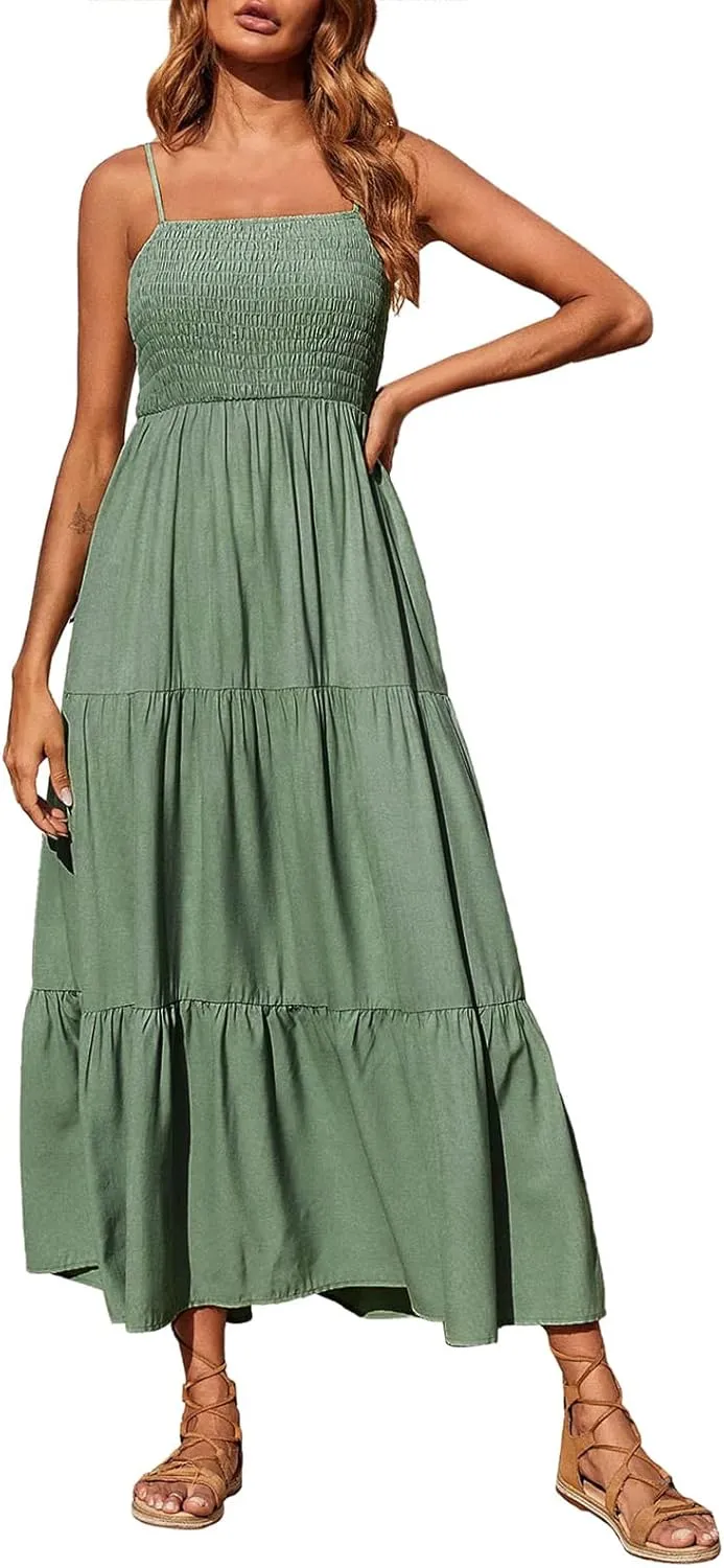 Women Summer Spaghetti Strap Maxi Dress Smocked Ruffle Swing Sundress Flowy Boho Beach Dresses Vacation Midi
