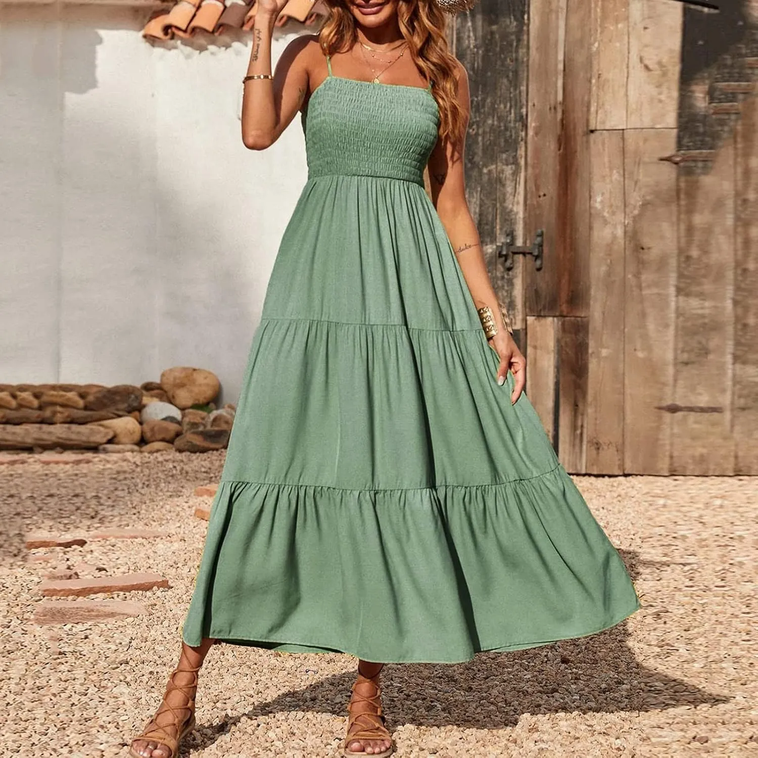 Women Summer Spaghetti Strap Maxi Dress Smocked Ruffle Swing Sundress Flowy Boho Beach Dresses Vacation Midi