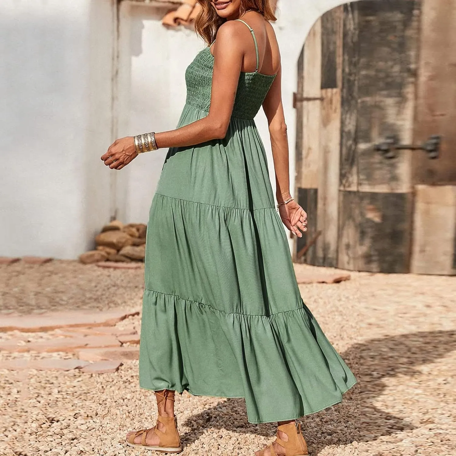 Women Summer Spaghetti Strap Maxi Dress Smocked Ruffle Swing Sundress Flowy Boho Beach Dresses Vacation Midi