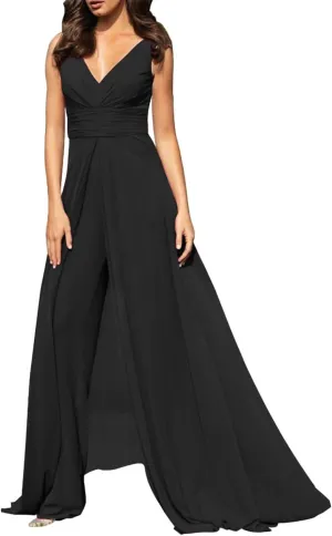 Women V Neck Floor Length Formal Wear With Pleats For Wedding Guest LZ017