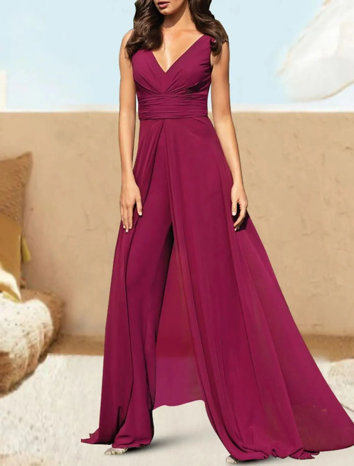 Women V Neck Floor Length Formal Wear With Pleats For Wedding Guest LZ017