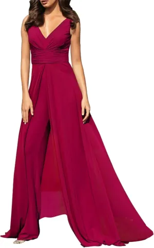 Women V Neck Floor Length Formal Wear With Pleats For Wedding Guest LZ017