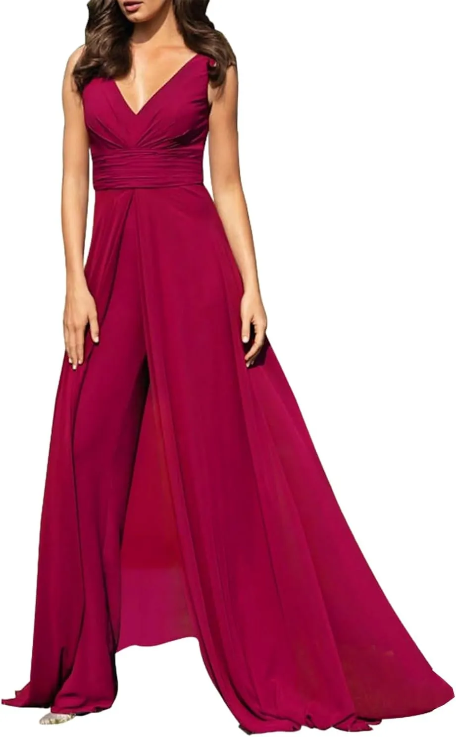 Women V Neck Floor Length Formal Wear With Pleats For Wedding Guest LZ017