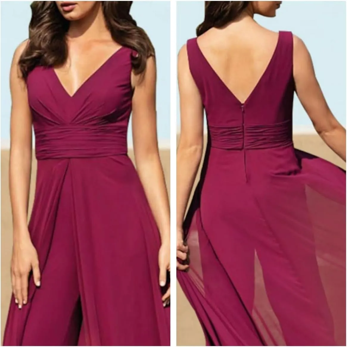 Women V Neck Floor Length Formal Wear With Pleats For Wedding Guest LZ017