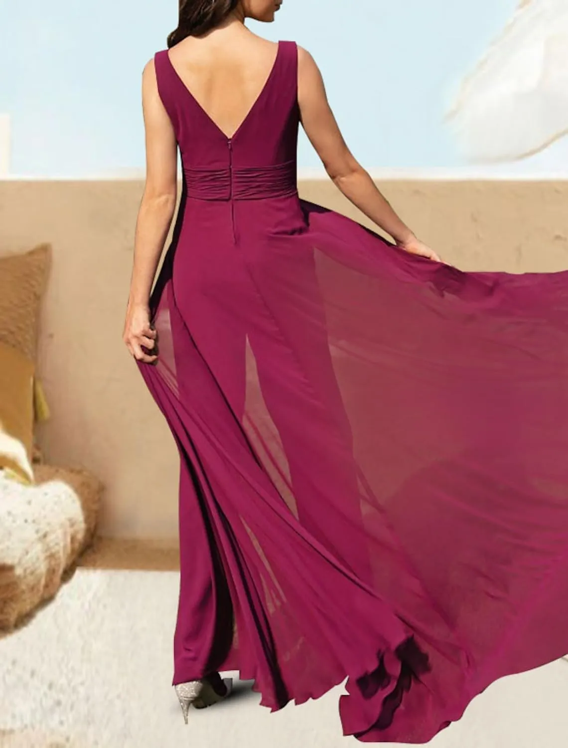 Women V Neck Floor Length Formal Wear With Pleats For Wedding Guest LZ017