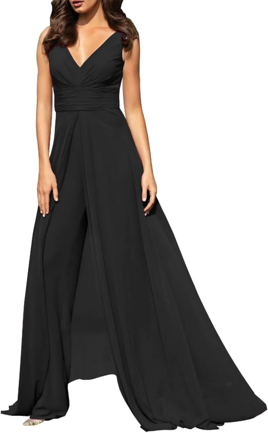 Women V Neck Floor Length Formal Wear With Pleats For Wedding Guest LZ017
