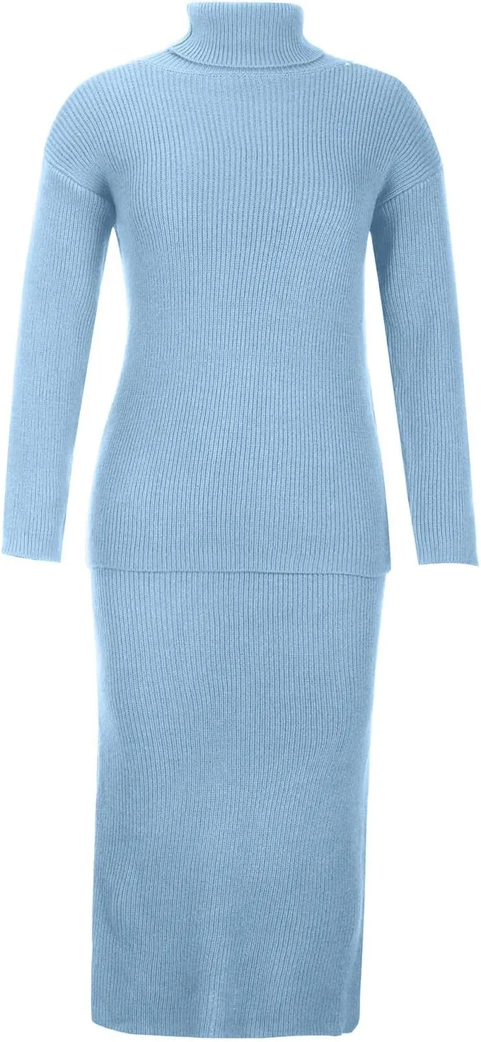 Women's 2 Piece Outfits Ribbed Knit Long Sleeve Oversized Turtleneck Sweater Top and Bodycon Midi Skirt Dress Set