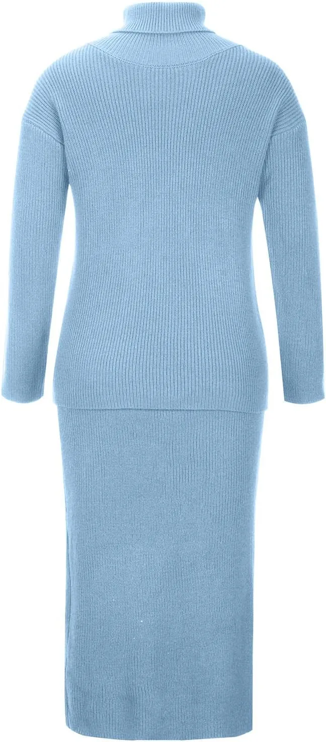 Women's 2 Piece Outfits Ribbed Knit Long Sleeve Oversized Turtleneck Sweater Top and Bodycon Midi Skirt Dress Set