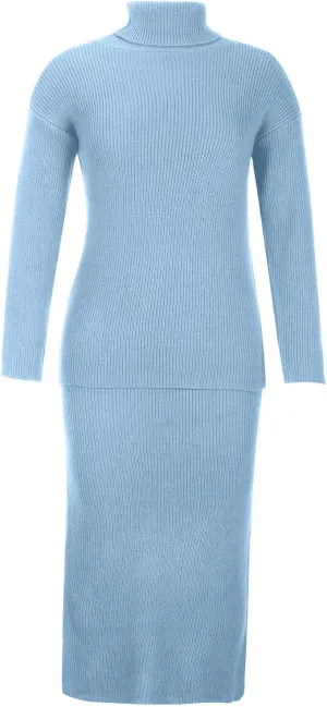 Women's 2 Piece Outfits Ribbed Knit Long Sleeve Oversized Turtleneck Sweater Top and Bodycon Midi Skirt Dress Set