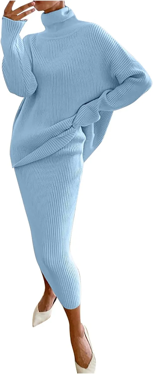 Women's 2 Piece Outfits Ribbed Knit Long Sleeve Oversized Turtleneck Sweater Top and Bodycon Midi Skirt Dress Set