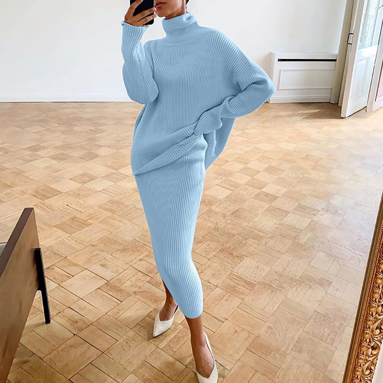 Women's 2 Piece Outfits Ribbed Knit Long Sleeve Oversized Turtleneck Sweater Top and Bodycon Midi Skirt Dress Set