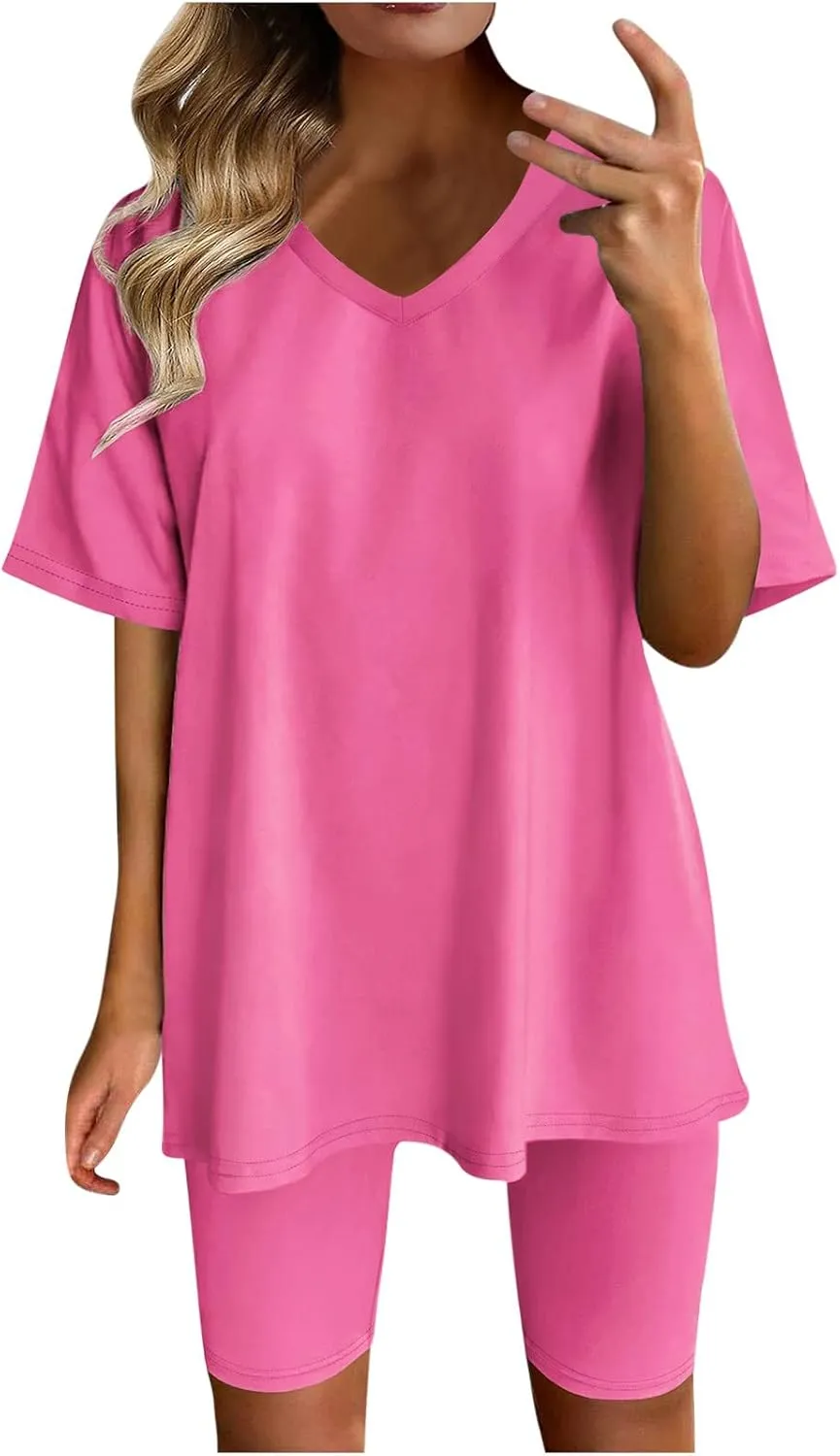 Womens 2 Piece Sets Summer Outfits 2025 Two Piece Lounge Set Matching V Neck T-Shirt Tops Biker Shorts Tracksuit