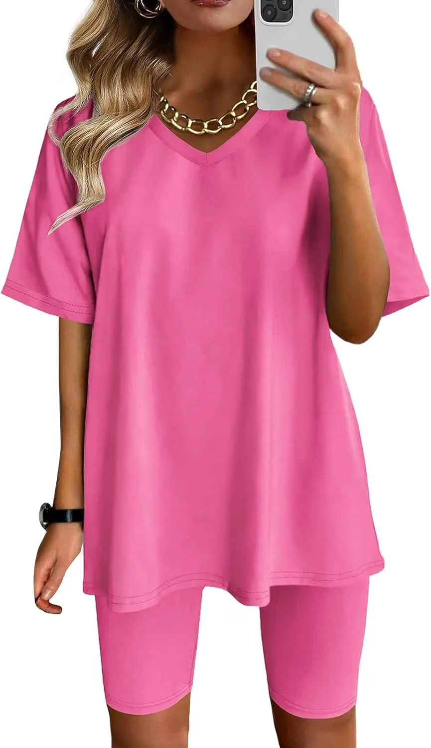 Womens 2 Piece Sets Summer Outfits 2025 Two Piece Lounge Set Matching V Neck T-Shirt Tops Biker Shorts Tracksuit