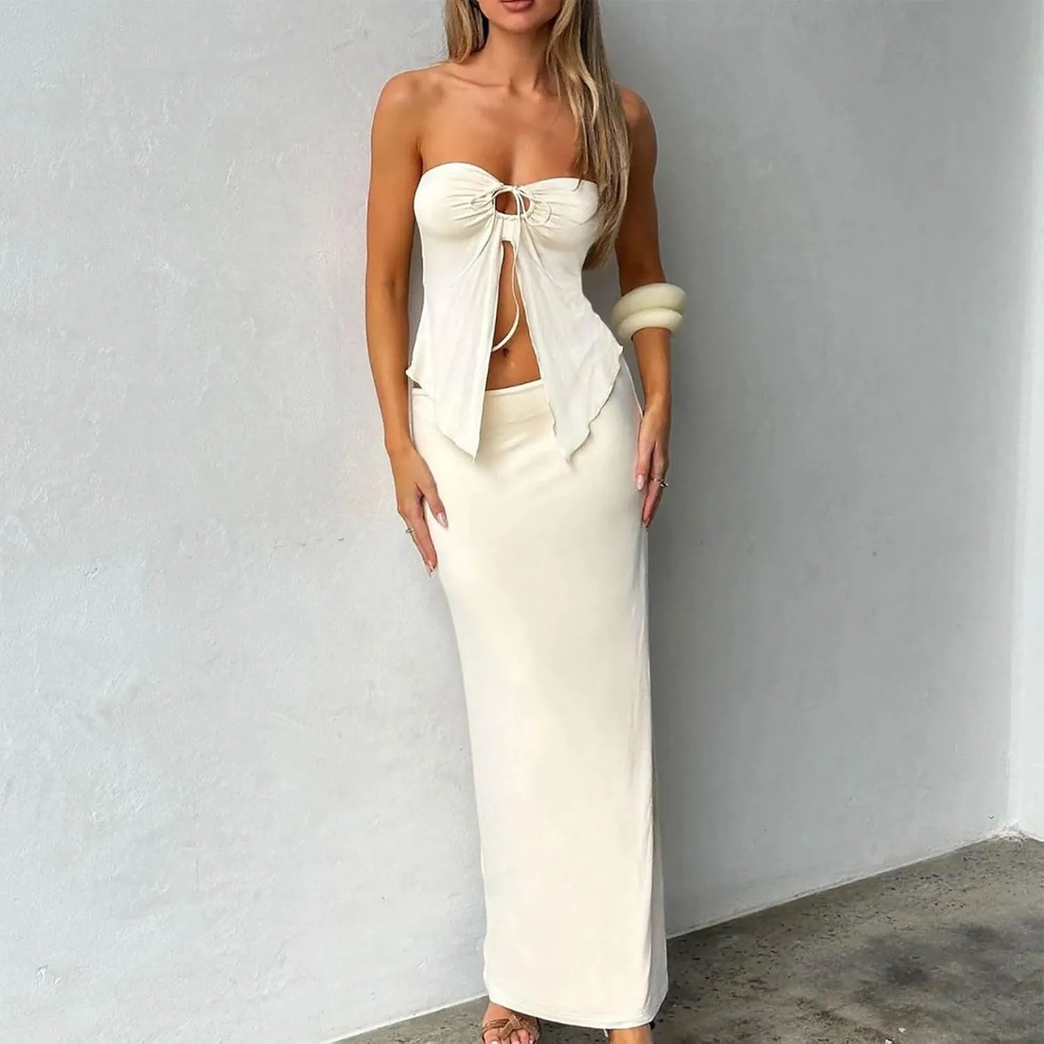 Womens 2 Piece Skirt Outfits Summer Sleeveless Keyhole Tube Tops Elastic Waist Bodycon Maxi Skirts Y2k Streetwear
