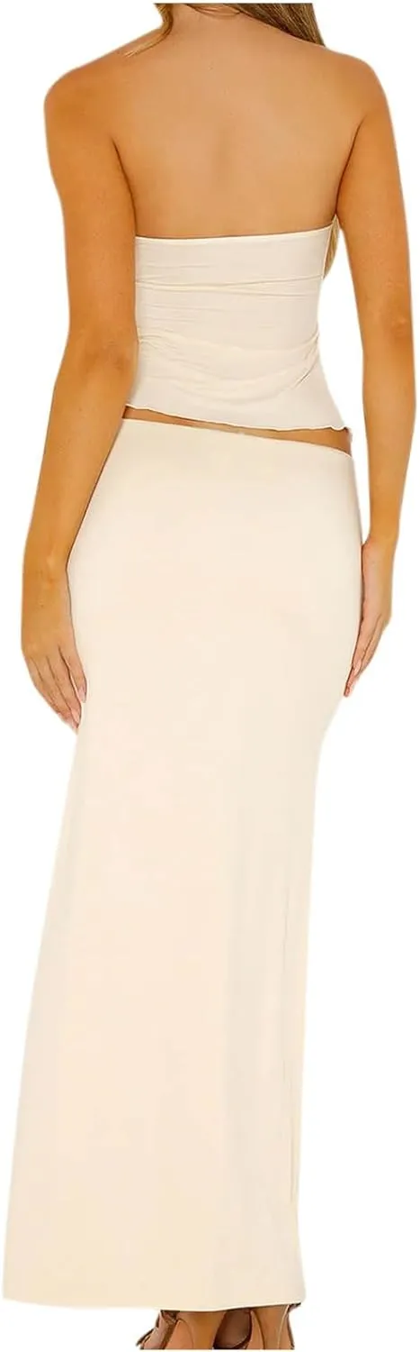 Womens 2 Piece Skirt Outfits Summer Sleeveless Keyhole Tube Tops Elastic Waist Bodycon Maxi Skirts Y2k Streetwear