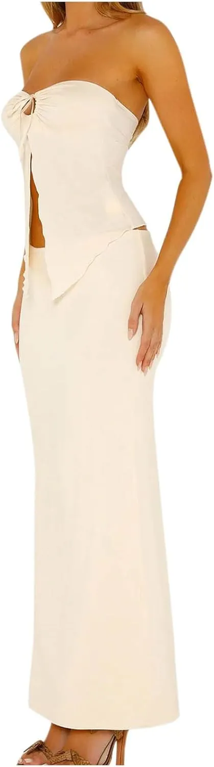 Womens 2 Piece Skirt Outfits Summer Sleeveless Keyhole Tube Tops Elastic Waist Bodycon Maxi Skirts Y2k Streetwear