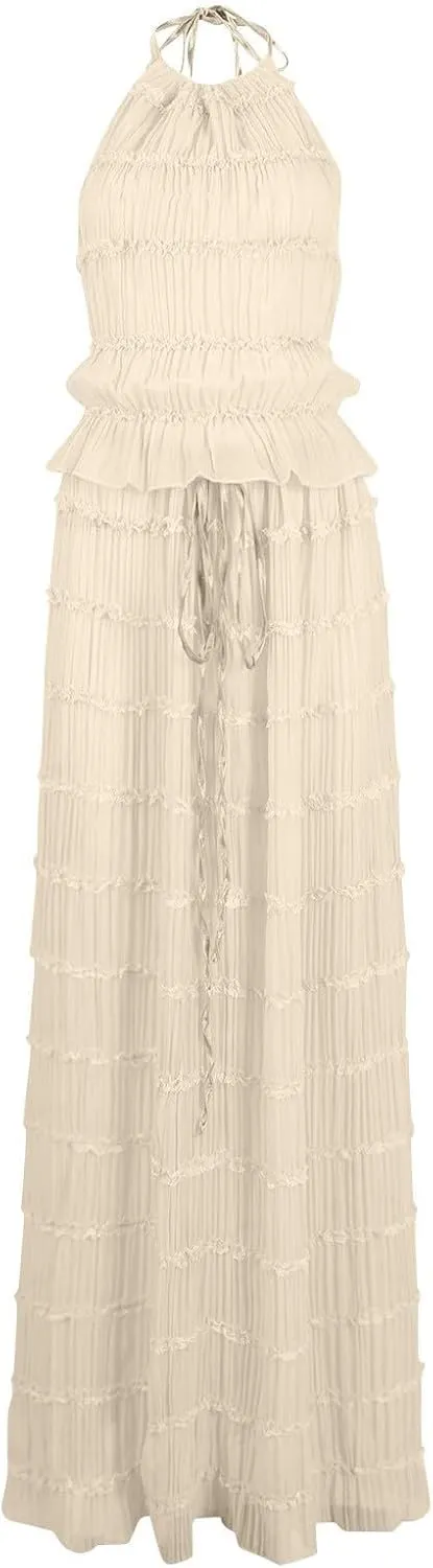 Women's Adjustable Backless Tie Halter Tank Top and Pleated Retro Drawstring Long Maxi Skirts Tiered Ruffle Skirt Sets