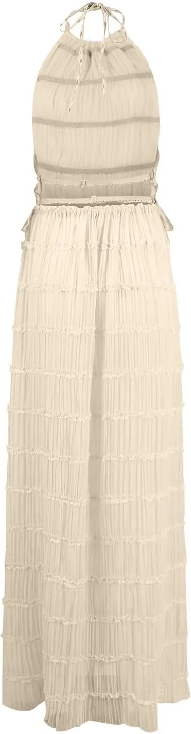 Women's Adjustable Backless Tie Halter Tank Top and Pleated Retro Drawstring Long Maxi Skirts Tiered Ruffle Skirt Sets