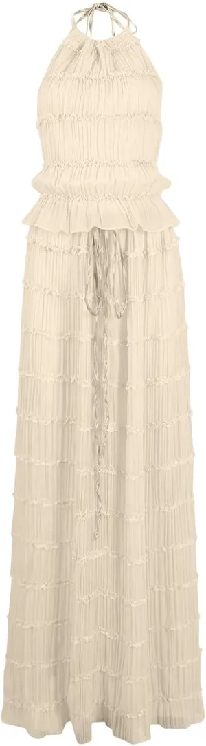 Women's Adjustable Backless Tie Halter Tank Top and Pleated Retro Drawstring Long Maxi Skirts Tiered Ruffle Skirt Sets