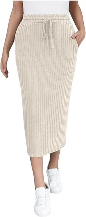 Women's Bodycon Knitted Ribbed Pencil Skirts Elastic High Waisted Midi Long Skirt Trendy Casual Fall Spring Outfit