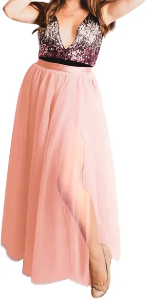 Women's Bridal Long Maxi Tulle Skirts with Side Split A Line Floor Length High Waisted Tutu for Wedding Bridesmaid Party