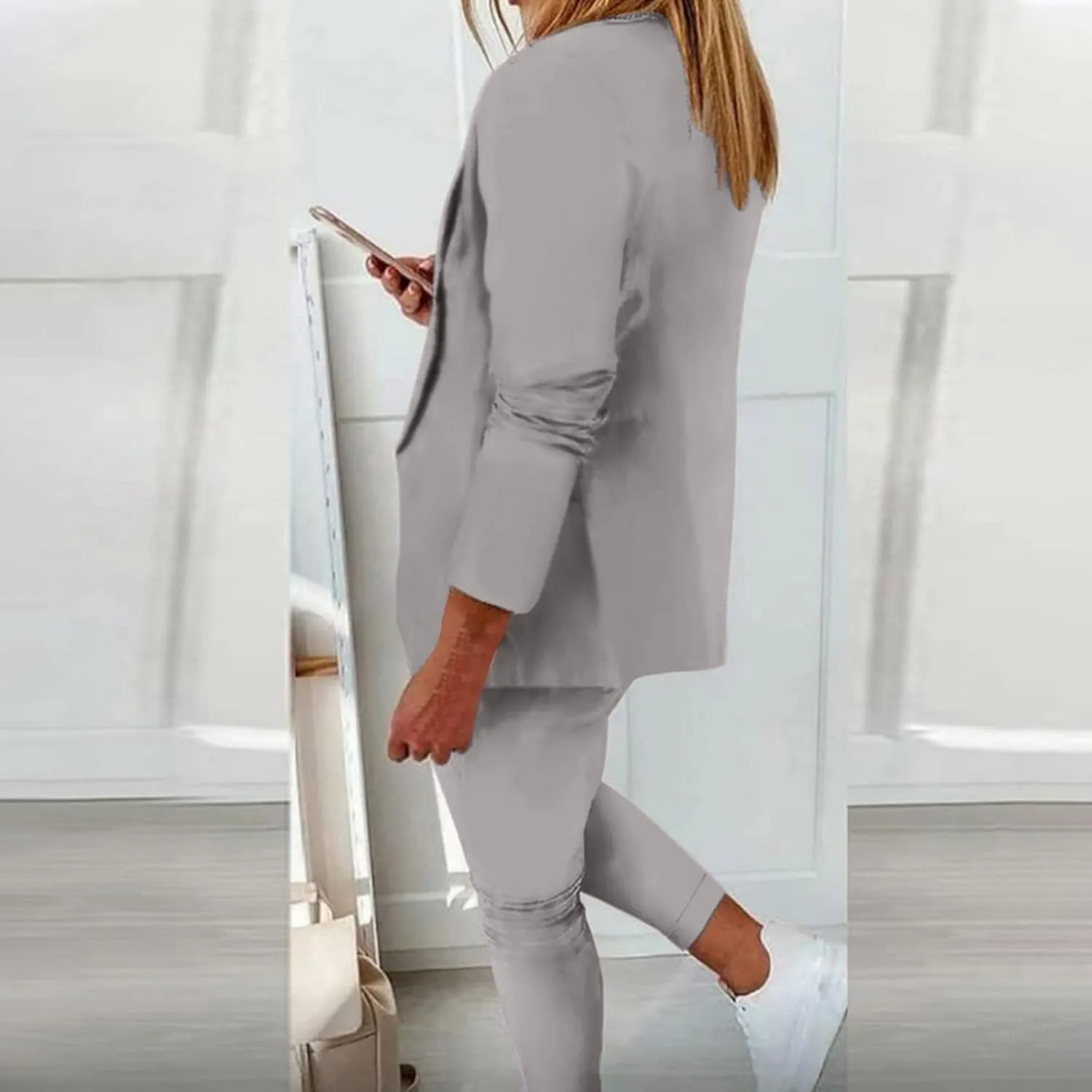 Womens Business Casual Sets 2 Piece Outfits Office Work Long Sleeve Blazer Jacket Drawstring Pants Trendy Suit Sets
