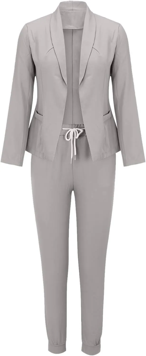 Womens Business Casual Sets 2 Piece Outfits Office Work Long Sleeve Blazer Jacket Drawstring Pants Trendy Suit Sets