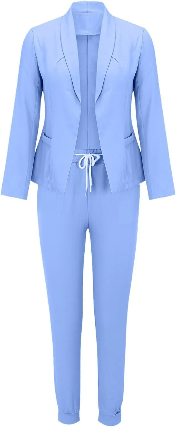 Womens Business Casual Sets 2 Piece Outfits Office Work Long Sleeve Blazer Jacket Drawstring Pants Trendy Suit Sets