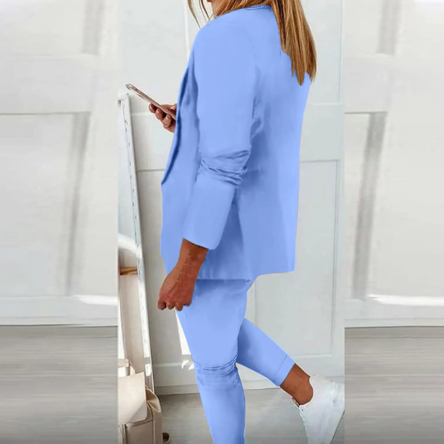 Womens Business Casual Sets 2 Piece Outfits Office Work Long Sleeve Blazer Jacket Drawstring Pants Trendy Suit Sets