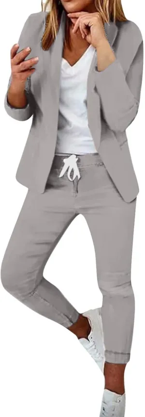 Womens Business Casual Sets 2 Piece Outfits Office Work Long Sleeve Blazer Jacket Drawstring Pants Trendy Suit Sets