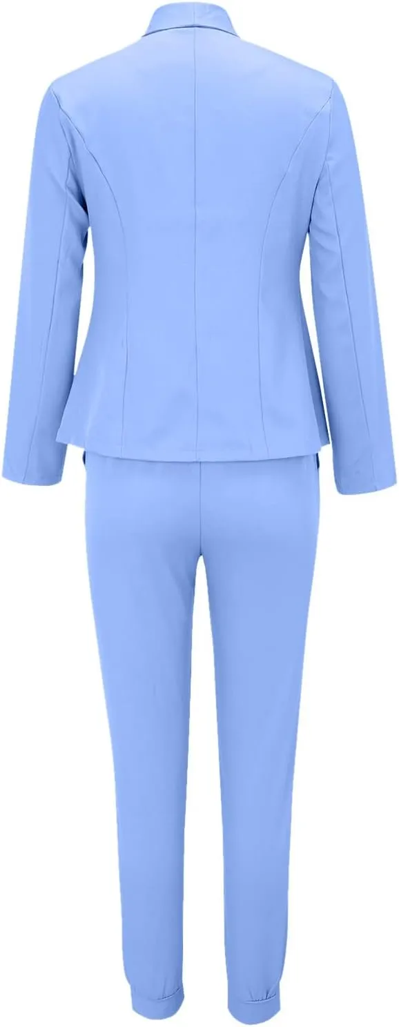 Womens Business Casual Sets 2 Piece Outfits Office Work Long Sleeve Blazer Jacket Drawstring Pants Trendy Suit Sets