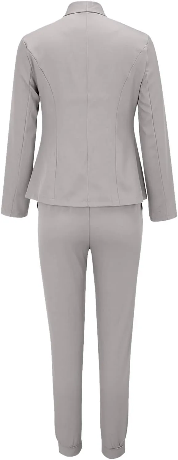 Womens Business Casual Sets 2 Piece Outfits Office Work Long Sleeve Blazer Jacket Drawstring Pants Trendy Suit Sets