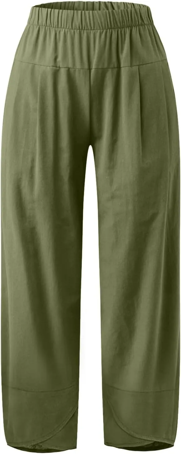 Womens Capri Pants High Waist Cropped Trousers Summer Wide Leg Drawstring Palazzo Ankle Vacation Pant with Pockets