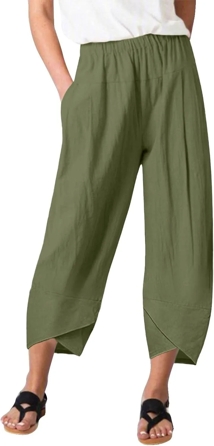 Womens Capri Pants High Waist Cropped Trousers Summer Wide Leg Drawstring Palazzo Ankle Vacation Pant with Pockets