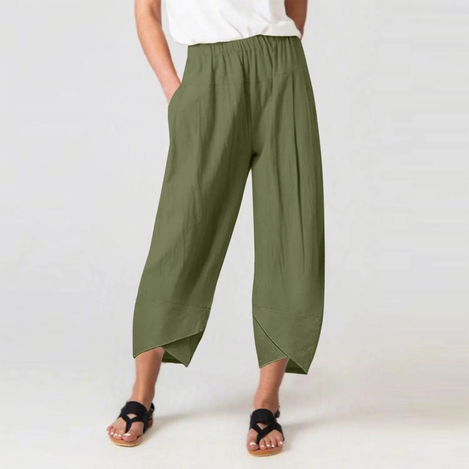 Womens Capri Pants High Waist Cropped Trousers Summer Wide Leg Drawstring Palazzo Ankle Vacation Pant with Pockets