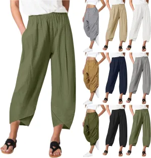 Womens Capri Pants High Waist Cropped Trousers Summer Wide Leg Drawstring Palazzo Ankle Vacation Pant with Pockets