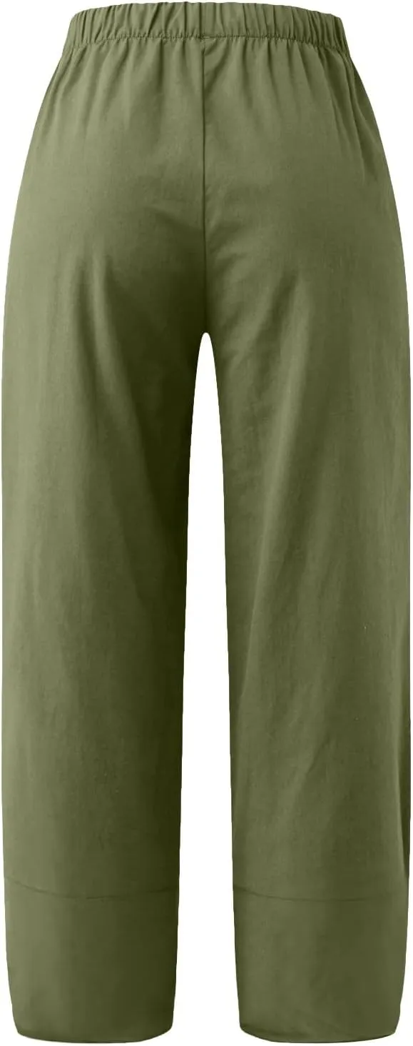 Womens Capri Pants High Waist Cropped Trousers Summer Wide Leg Drawstring Palazzo Ankle Vacation Pant with Pockets