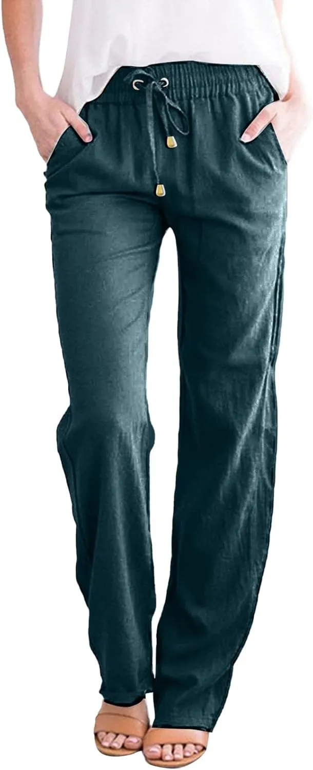 Womens Casual Cotton Linen Pants Lightweight Summer Relax Fit Elastic Waist Plus Size Solid Lounge Long Trousers