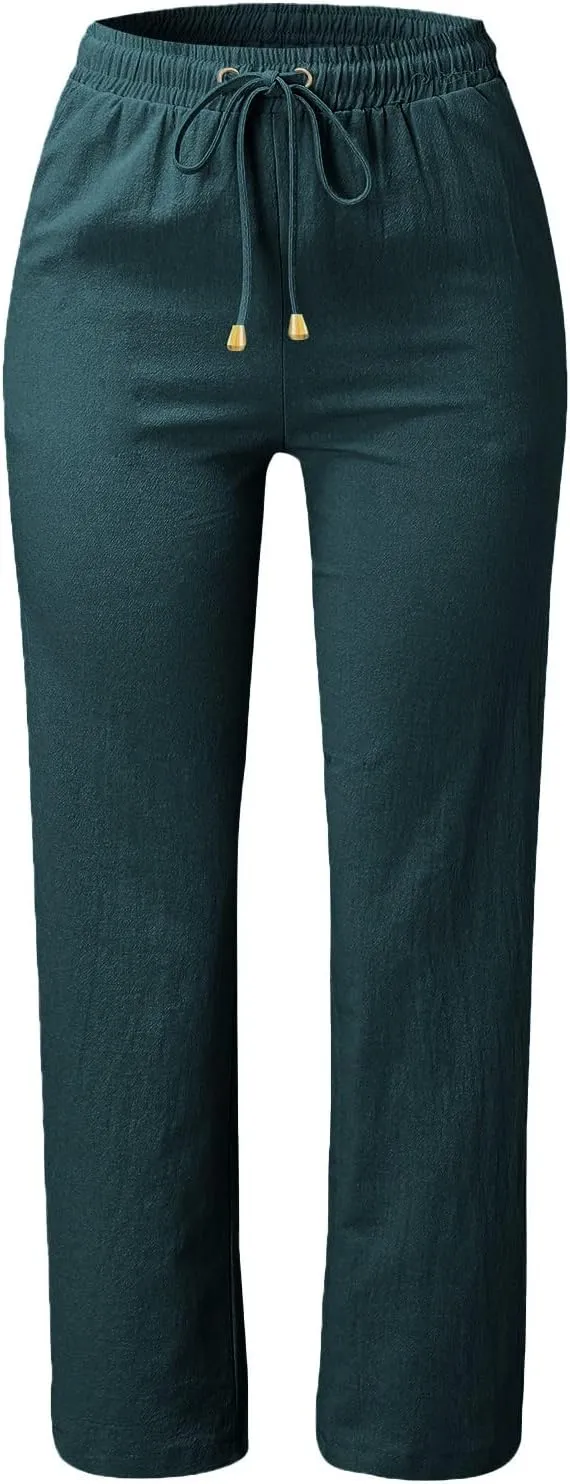 Womens Casual Cotton Linen Pants Lightweight Summer Relax Fit Elastic Waist Plus Size Solid Lounge Long Trousers