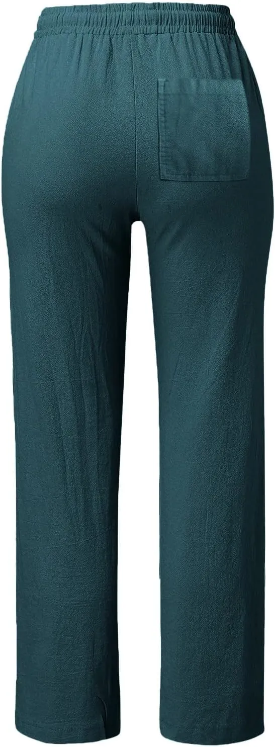 Womens Casual Cotton Linen Pants Lightweight Summer Relax Fit Elastic Waist Plus Size Solid Lounge Long Trousers