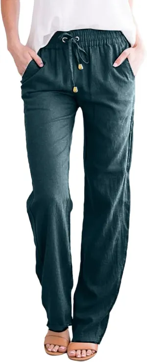 Womens Casual Cotton Linen Pants Lightweight Summer Relax Fit Elastic Waist Plus Size Solid Lounge Long Trousers