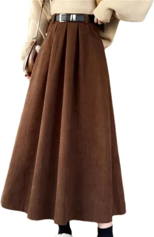 Women's Corduroy High Waist Ruffle Pleated Midi Skirt - Vintage Belted Casual Daily Wear