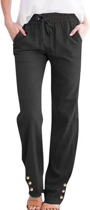 Women's Cotton Linen Pants Summer Beach Wide Leg Casual Slim Fit Drawstring Elastic Waist Palazzo Pants with Pockets