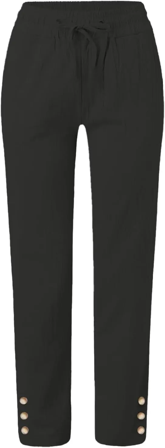 Women's Cotton Linen Pants Summer Beach Wide Leg Casual Slim Fit Drawstring Elastic Waist Palazzo Pants with Pockets