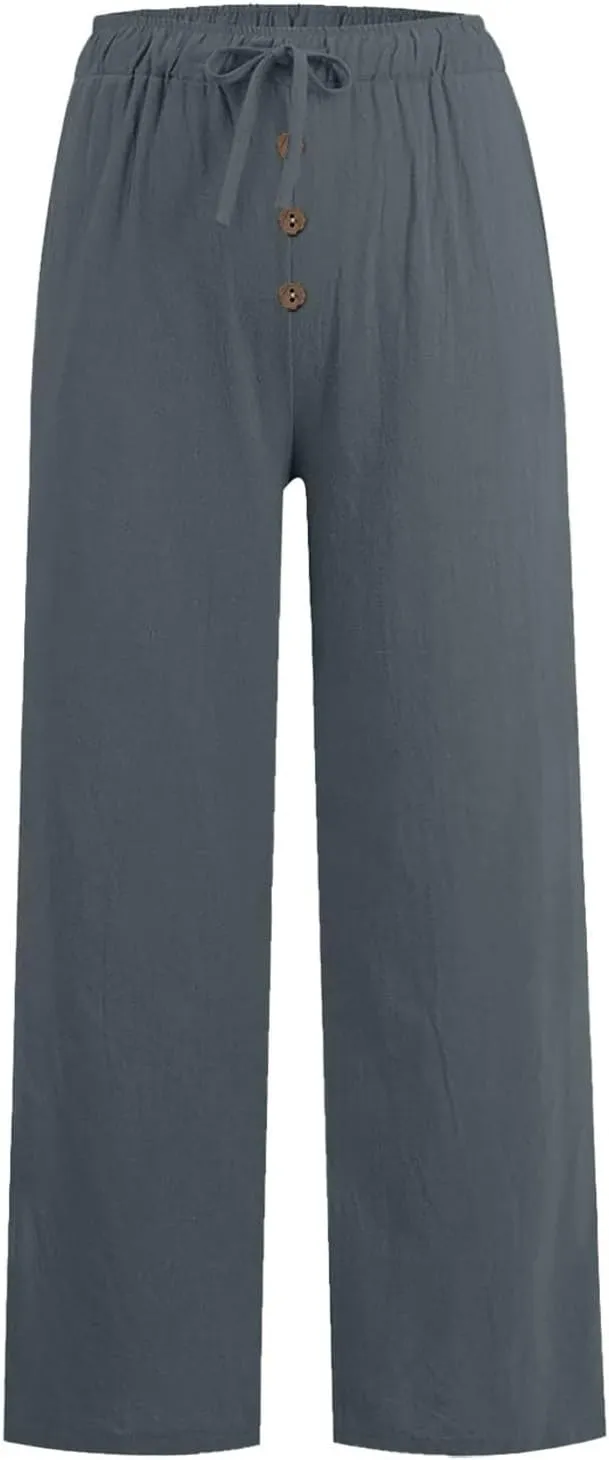 Women's Cotton Linen Pants Wide Leg Palazzo Loose Drawstring Elastic Waist Lounge Trousers Casual Summer Outfits 2025