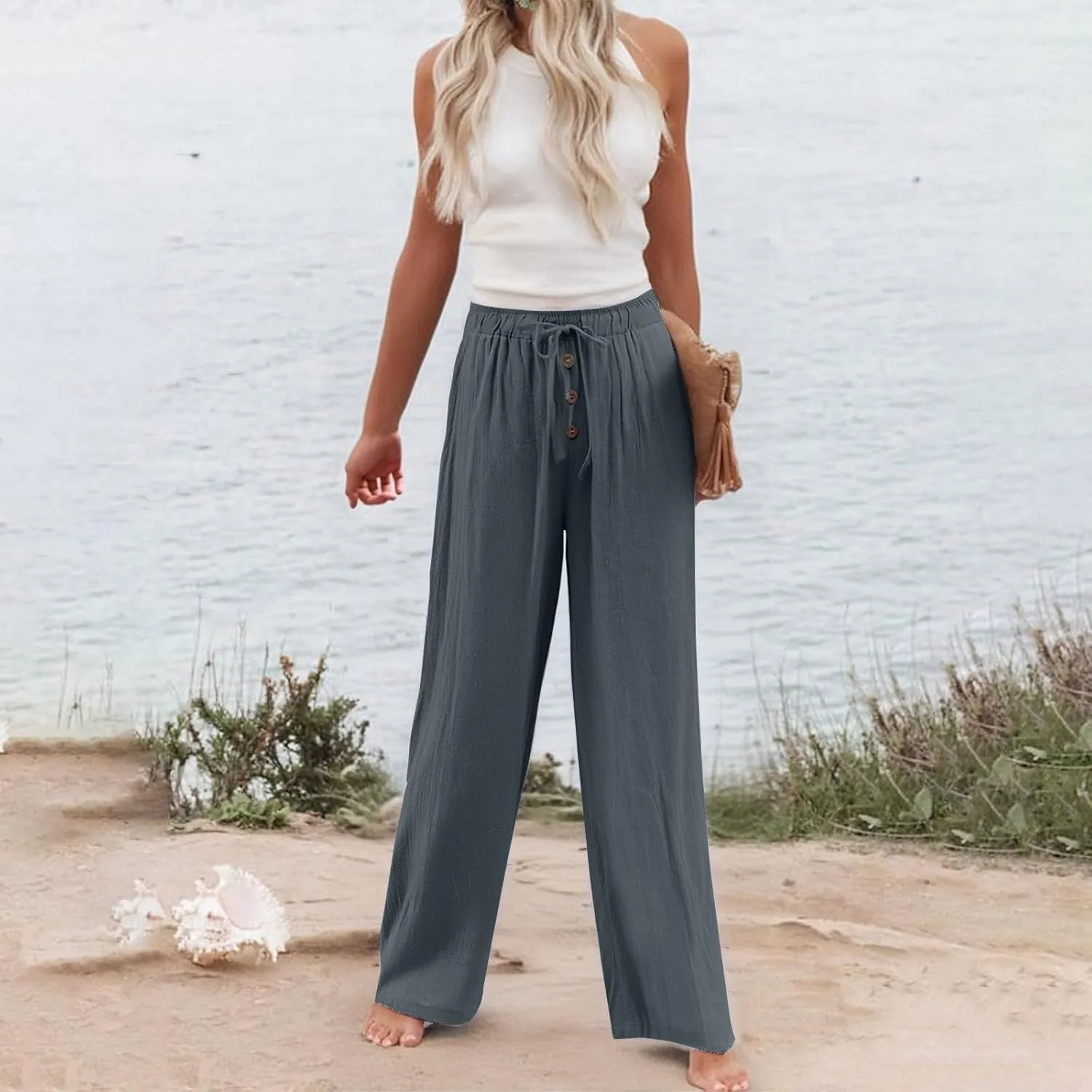 Women's Cotton Linen Pants Wide Leg Palazzo Loose Drawstring Elastic Waist Lounge Trousers Casual Summer Outfits 2025